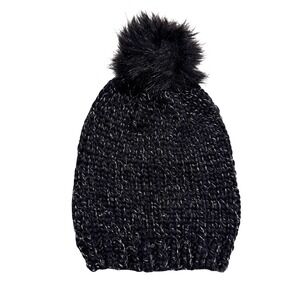 Chunky Black Knit Beanie Hat Womens One Sz Faux Fur Pom Pom Winter Warm Gorpcore